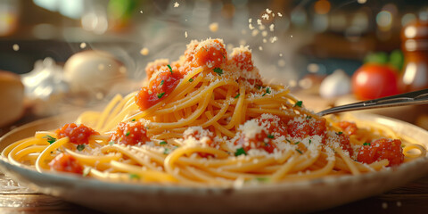 Leckere Spaghetti mit Basilikum und fliegenden Parmesan auf dem Teller wunderschön angerichtet, ai generativ - obrazy, fototapety, plakaty