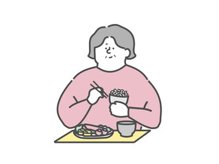 食事をする高齢女性　介護イラスト