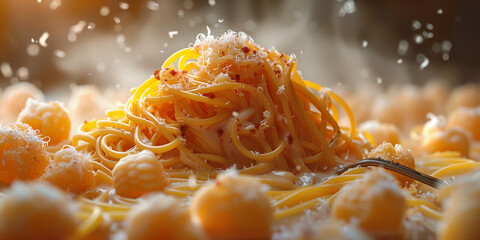 Leckere Spaghetti mit Basilikum und fliegenden Parmesan auf dem Teller wunderschön angerichtet, ai generativ - obrazy, fototapety, plakaty