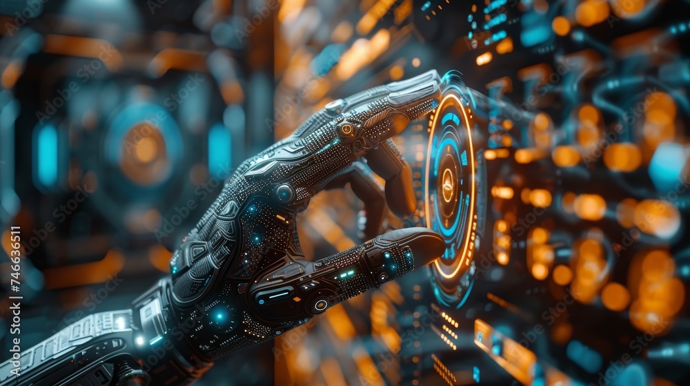 Poster AI tech, businessman showing virtual graphic Global Internet connect. Using command prompt for generating something. Futuristic technology transformation.