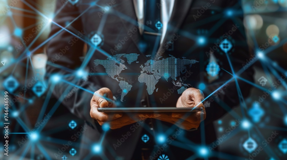 Wall mural Concept of global business and global currency exchange, money, finance, a businessman holding a tablet with a virtual world map and connection line effect, and the dollar, yuan, yen, euro, and pound