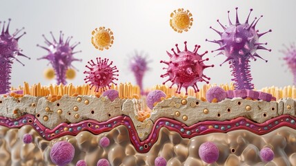 Illustration of various microscopic pathogens attempting to penetrate the epithelial barrier, showcasing the first line of immune defense.