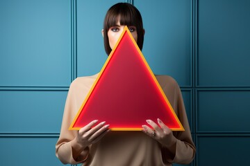 a hand placing an alert symbol on a blue background with a warning sign, in the style of geometry-inspired, light red and yellow, photobash, feminine sticker art, paper cut-outs, lightbox, stylish - obrazy, fototapety, plakaty