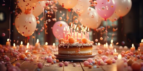Fototapeta na wymiar Birthday Cake Surrounded by Balloons and Confetti Generative AI