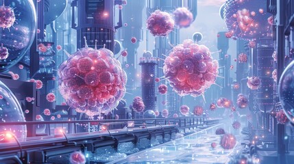 A science fiction-inspired digital art scene of a biomedical research facility with floating viral entities, highlighting advanced scientific exploration.