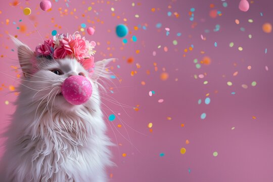 S&uuml;&szlig;e Main Coon Katze mit pink farbenen Hintergrund als Ausstellung und Poster f&uuml;r Wettbewerbe