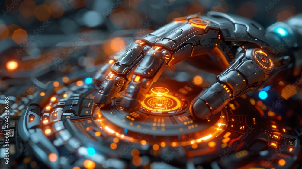Aufkleber In this ChatGPT, man is using smart robot AI, artificial intelligence by entering command prompt to generate something, Futuristic technology transformation.
