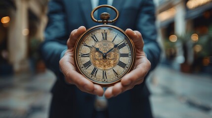 Nonstop service concept. Businessman holding the clock nonstop and full-time for worldwide nonstop and full-time service.