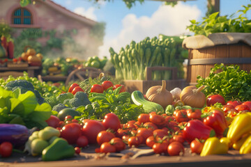 fresh vegetables stall and shop, tomato and other vegetables shop in sunlight - obrazy, fototapety, plakaty