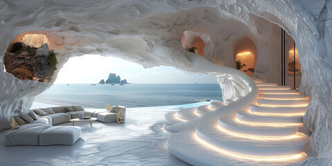 Höhle als Haus am Meer im futuristischen Stil, ai generativ