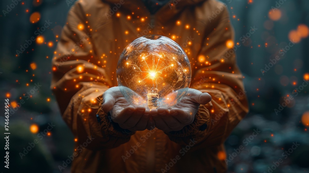 Poster Global Internet connection application technology and digital marketing, Financial and banking, Digital link tech, big data. Businessman holding light blub with virtual Global Internet connection.