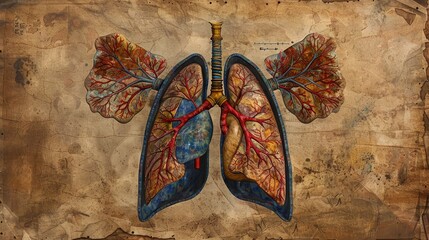 A vintage-styled illustration depicts the intricate anatomy of human lungs, complete with the trachea and branching bronchi, set against an aged parchment background.