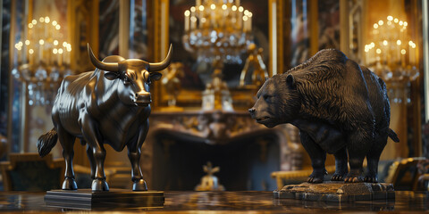 Bulle und Bär in einem antiken Wohnzimmer als Symbol für die Börse als Reichtum, ai generativ - obrazy, fototapety, plakaty