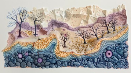 Mixed media art piece blending a landscape with barren trees and layered geological formations in a dreamlike composition.