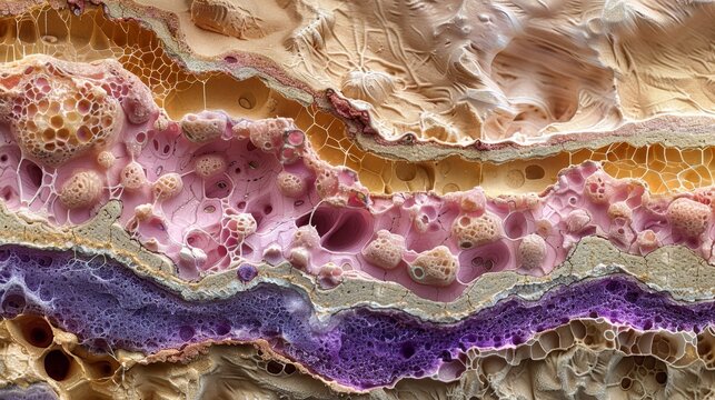 A macro photograph highlighting the delicate banded textures and porous details of a colorful agate stone.