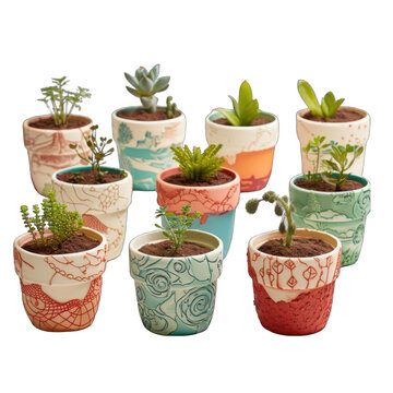 Unique 3D-printed plant pots with Earth Day-themed patterns and quotes png / transparent
