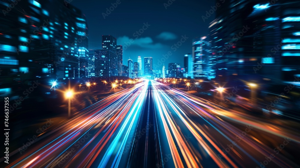 Poster Connecting big data with a smart city concept, abstract polygon pattern, speed line light, and abstract polygon pattern.
