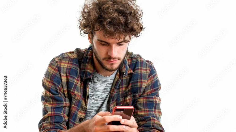 Aufkleber an isolated white background shows a man using his mobile smart phone