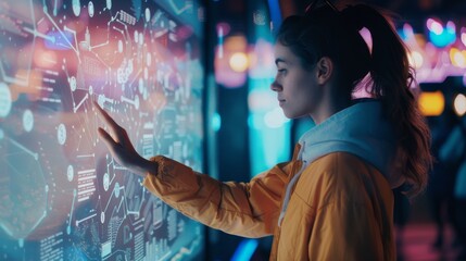 Women touching a sensitive screen while selecting surface options. Female standing in front of large display with advanced innovations and visual infographics. Person with futuristic technology.
