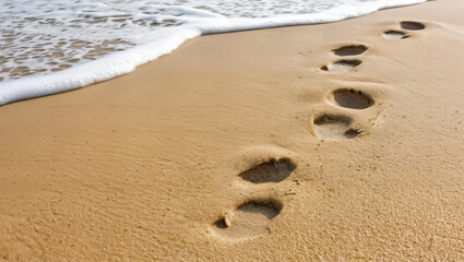 Fototapeta na wymiar Already blurring footprints in the sand on a beach symbolize the lonely journey out of isolation