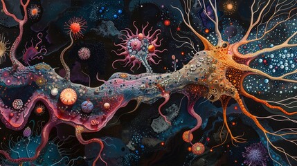 This artwork presents a surreal interpretation of neural pathways as an interstellar landscape, rich in colors and textures.