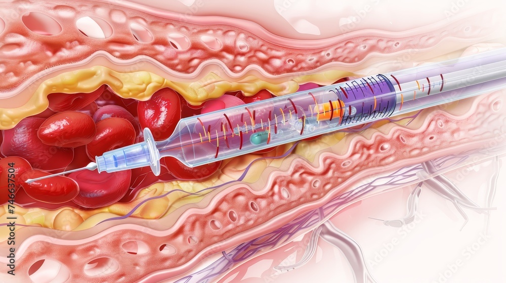 Wall mural Medical illustration of a blood draw procedure showing a syringe extracting blood from a vein, with clear anatomical details.