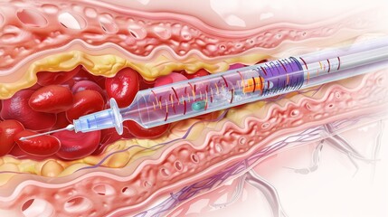 Medical illustration of a blood draw procedure showing a syringe extracting blood from a vein, with clear anatomical details. - obrazy, fototapety, plakaty