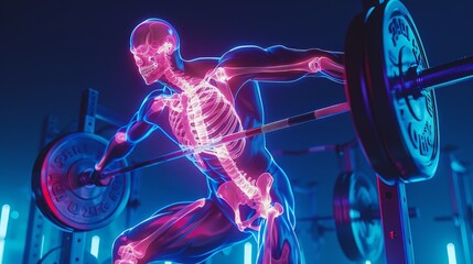 A 3D anatomical visualization of a human skeleton performing a weightlifting exercise, highlighting muscle engagement and bone structure.