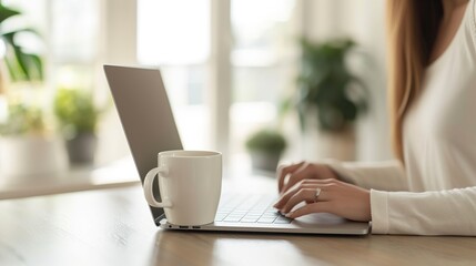 Cropped view of woman sitting at wooden table and working on laptop. A cup of coffee with a potted plant in the background. The environment is bright and clean, a relaxed work environment