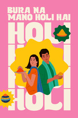 Indian festival elements with indian couple celebrating Holi festival vector editable hand-drawn illustration set design, Bura Na Mano Holi Hai means Happy Holi 