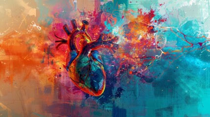 An anatomical heart painting explodes with vibrant colors and abstract elements, symbolizing life, energy, and emotional intensity.