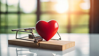 Red heart caught in mouse trap on white table, symbolizing love's entrapment. Bright backlight with windows in background - obrazy, fototapety, plakaty