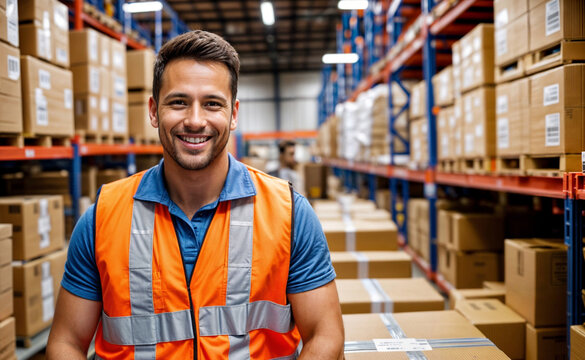 A smiling man in a warehouse, part of the distribution and logistics team. Concept of supply chain, handling packages for cargo, storage, and shipping