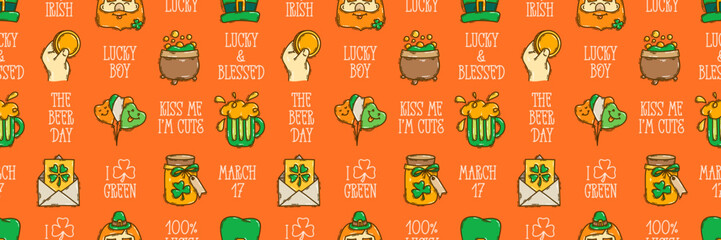 St Patricks Day seamless pattern background cute hand-drawn Irish holiday icons, symbols, and elements.