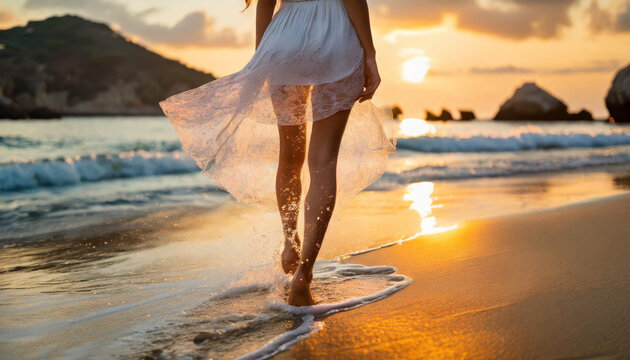 woman's legs and feet leave delicate footprints in the sand, adorned in a short dress, symbolizing beauty and freedom on the beach