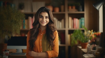 A cheerful girl standing at a home office, looking directly at the camera with a bright and engaging expression, surrounded by a cozy and well-lit workspace with personal touches