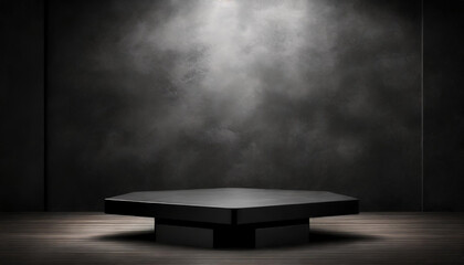 Black podium on dark background, ideal for presentations and advertising, conveying authority and sophistication - obrazy, fototapety, plakaty