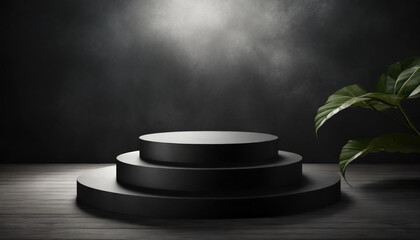 Black podium on dark background, ideal for presentations and advertising, conveying authority and sophistication