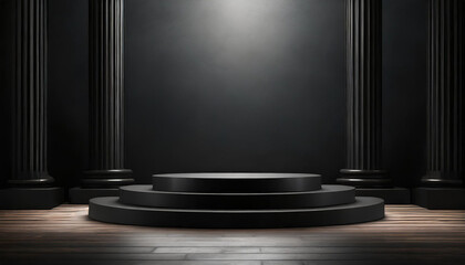Black podium on dark background, ideal for presentations and advertising, conveying authority and sophistication