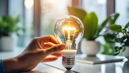 hands replace old LED bulb with bright idea on white table, symbolizing innovation and energy efficiency - obrazy, fototapety, plakaty