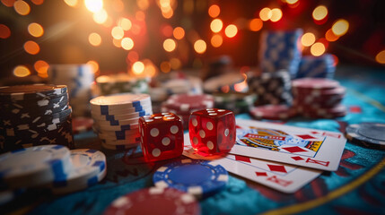 Casino chips and red gaming dice and poker cards, on dark background with bokeh, blur golden background. Concept of casino game poker, card playing, gambling chips banner backdrop background - obrazy, fototapety, plakaty