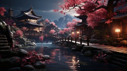 Fototapeta premium a image of a garden with blossom trees, in the style of photorealistic cityscapes, nightcore, terraced cityscapes, mysterious backdrops, dark cyan and pink, snow scenes, 32k uhd