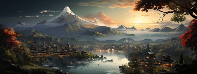 a lake is featured around a village of houses, in the style of cityscape views, green academia, mountainous vistas, golden light, dada-inspired constructions, majestic ports - obrazy, fototapety, plakaty