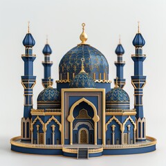 A 3D Islamic mosque, adorable toy realistic, in black, dark blue navy and gold, for Ramadan Kareem design theme and wallpaper