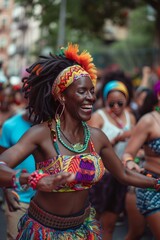 A vibrant street parade with people dancing joyfully, celebrating their cultural identity and resistance.
