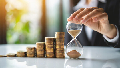 woman's hand reaching for hourglass and stack of coins, symbolizing wealth, time importance, and future growth