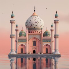 A 3D Islamic mosque, adorable toy realistic, in dark pink and peach, for Ramadan Kareem design theme and wallpaper
