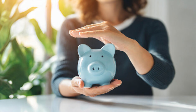 woman's hands protect piggy bank on table, symbolizing wealth preservation and financial security