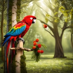 A colorful parrot perches on a tree branch with red flowers.