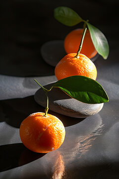Backlit spilled clementine oranges over dark empedrado stones hovering above their shadow reflection.